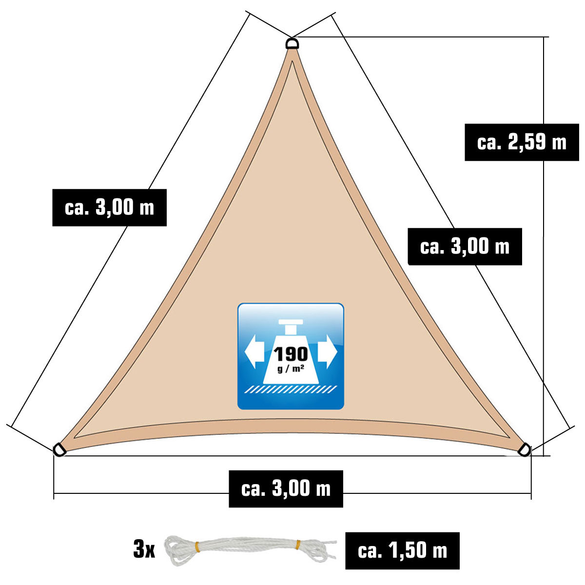 AMANKA 3x3x3 waterdicht schaduwdoek met bevestigingsset - Beige