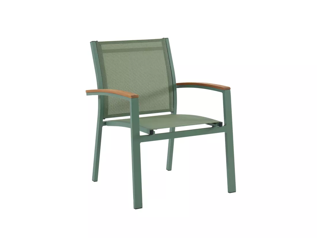 Salle à manger de jardin en aluminium : une table extensible L.180/240cm et 6 fauteuils empilables avec accoudoirs acacia - Vert amande - NAURU de MYLIA