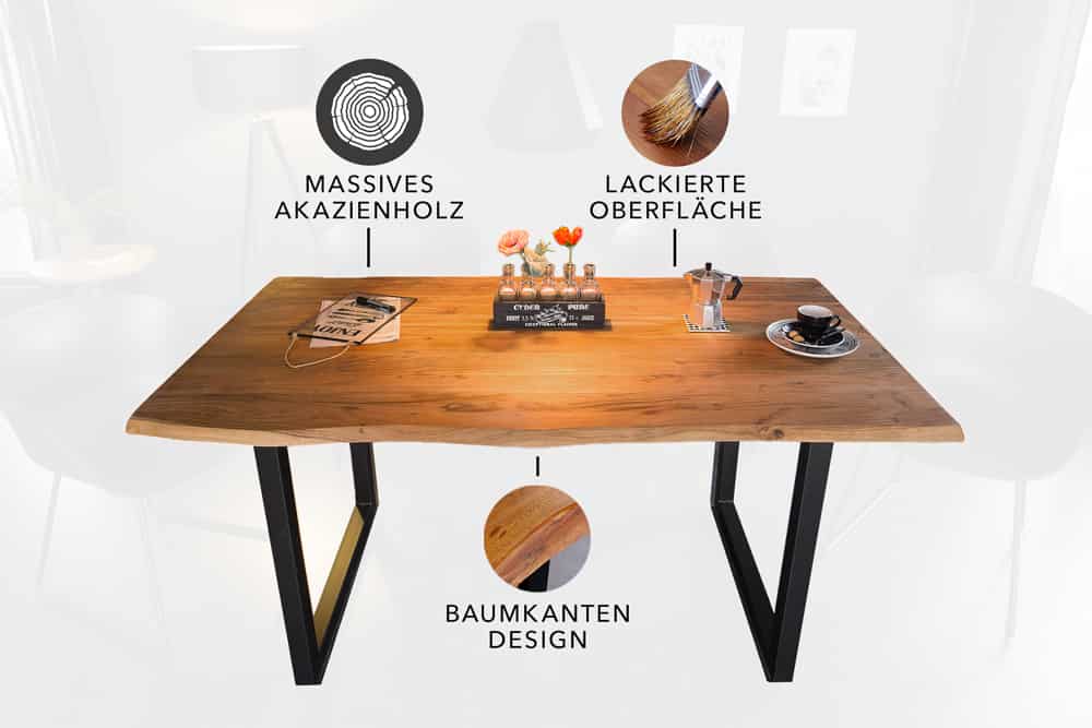 Massivholz Esstisch MAMMUT 140cm Wild-Akazie Baumkante Industrial Design 2,6cm Tischplatte