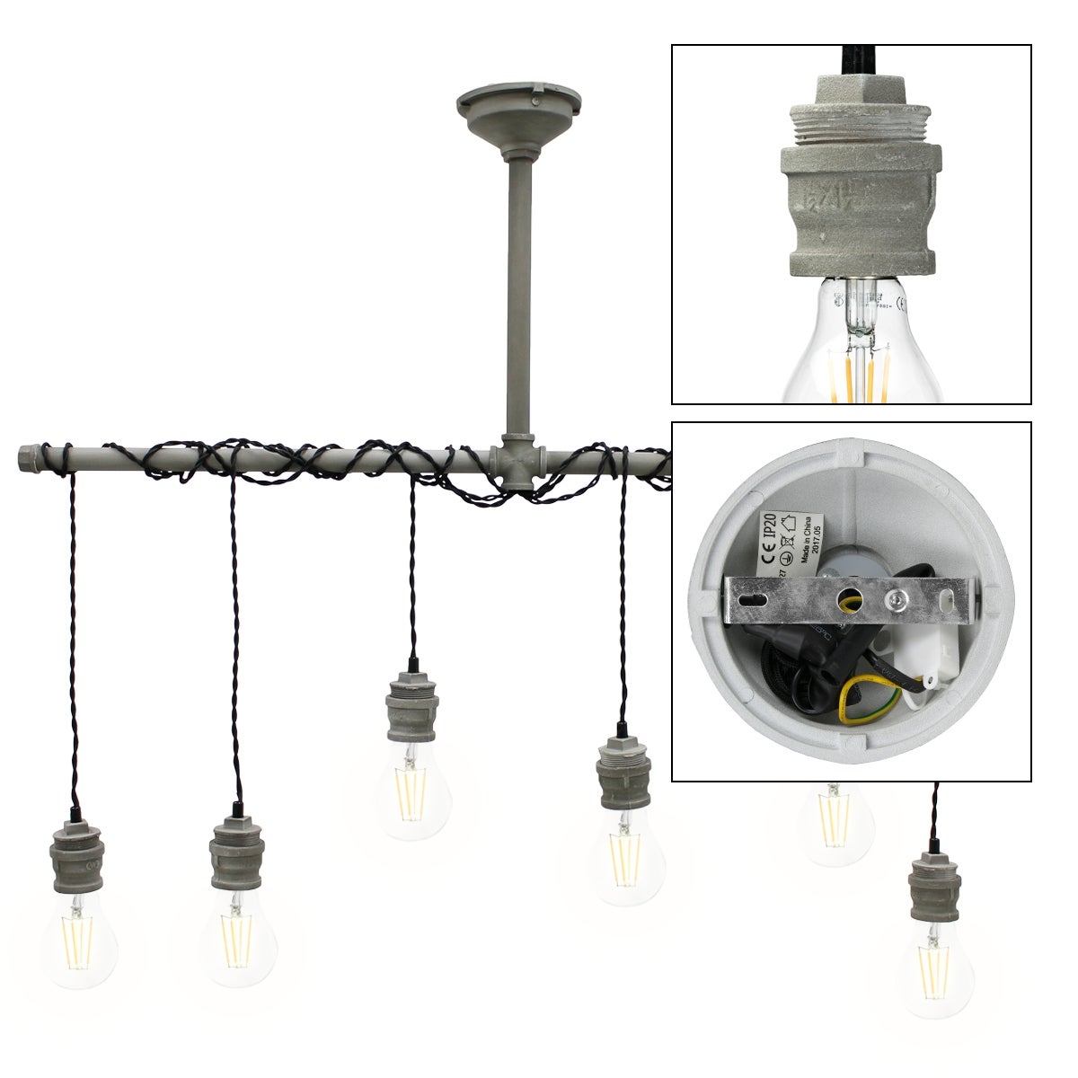 ECD Germany Hanglamp, 6-lichts hanglamp, E27-fitting, 43 cm, betonlook/zwart, metaal/kunststof, vintage/retro design - Hanglamp, plafondlamp, kroonluchter, licht, lamp