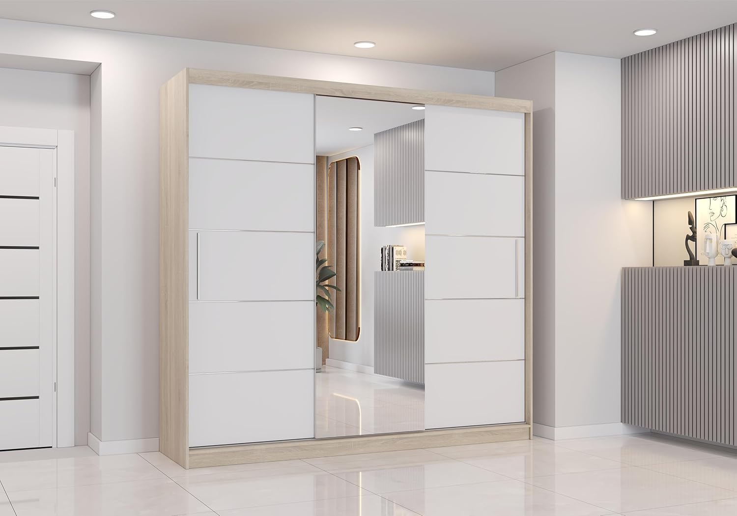 Fabryka Mebli Idźczak Kleiderschrank mit Spiegel, Schiebetüren - Schwebetürenschrank, Schlafzimmerschrank - ‎61 x 233 x 218 cm - Schrank für Schlafzimmer, Ankleidezimmer, Garderobe - Weiß, Sonoma