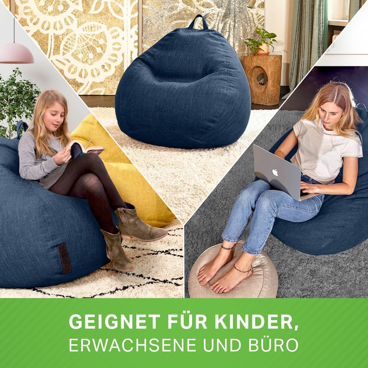 Green Bean Indoor Zitzak met 200 liter gevuld met EPS-korrels, knuffelzacht, wasbaar - Stoffen vloerkussen, ligstoel, zitkussen, loungestoel voor binnen - Donkerblauw
