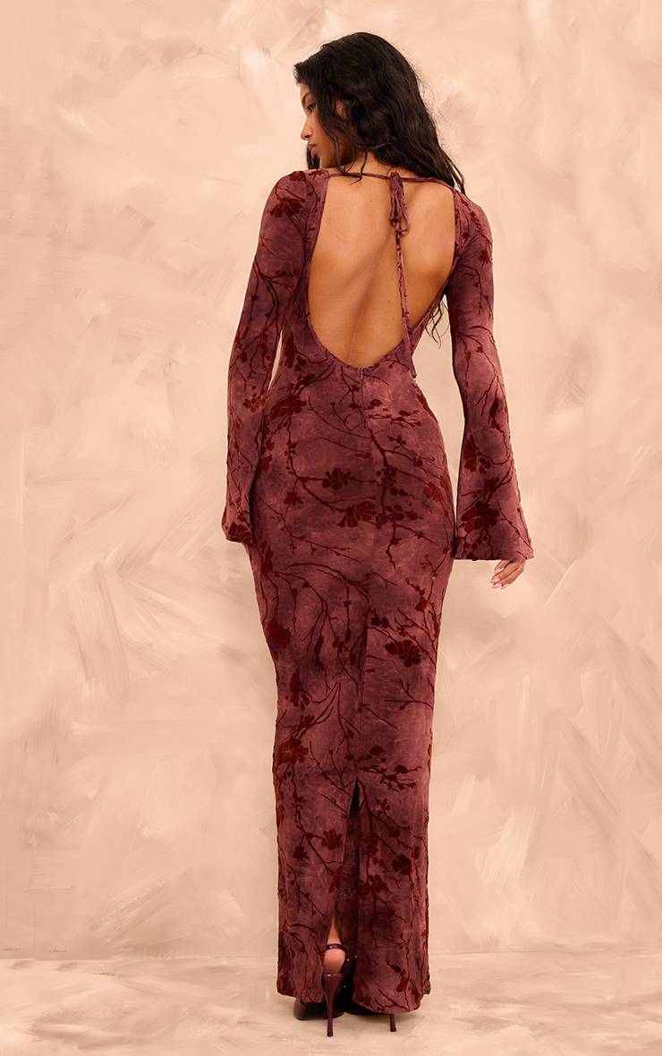 Rouge Bordeaux Robe Longue Maxi À Manches Longues En Dévoré Fleuri