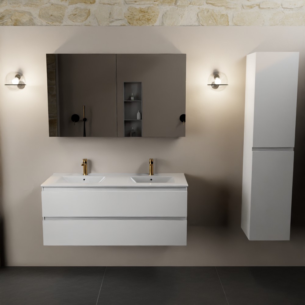 Mondiaz Aivy badmeubel 120cm talc met wastafel keramiek wit glans 2 kraangaten en spiegelkast
