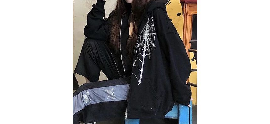 Hotarium - Hoodie met rits en spinnenmotief en strass