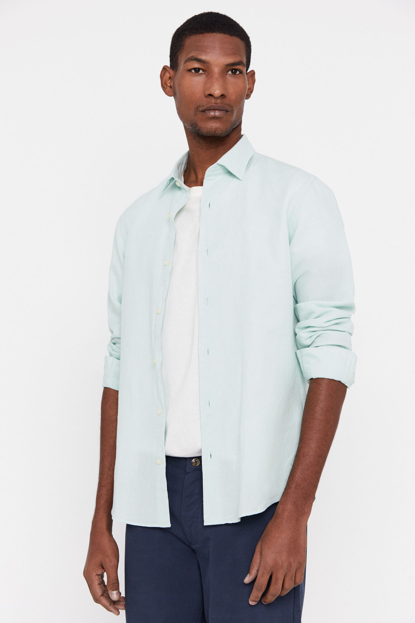 Camisa lisa de linho e algodão - Verde