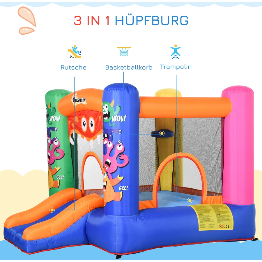 Outsunny Hüpfburg mit Rutsche  und Monster Design bunt