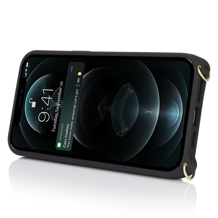 iPhone 12 / iPhone 12 Pro Necklace Leder Hülle mit Münzfach und Kartenfächer   Finger Griff Halterung   Handykette - Schwarz