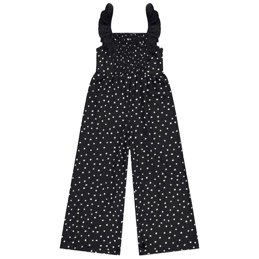 Combinaison longue imprimé pois et effet smock pour fille - Noir