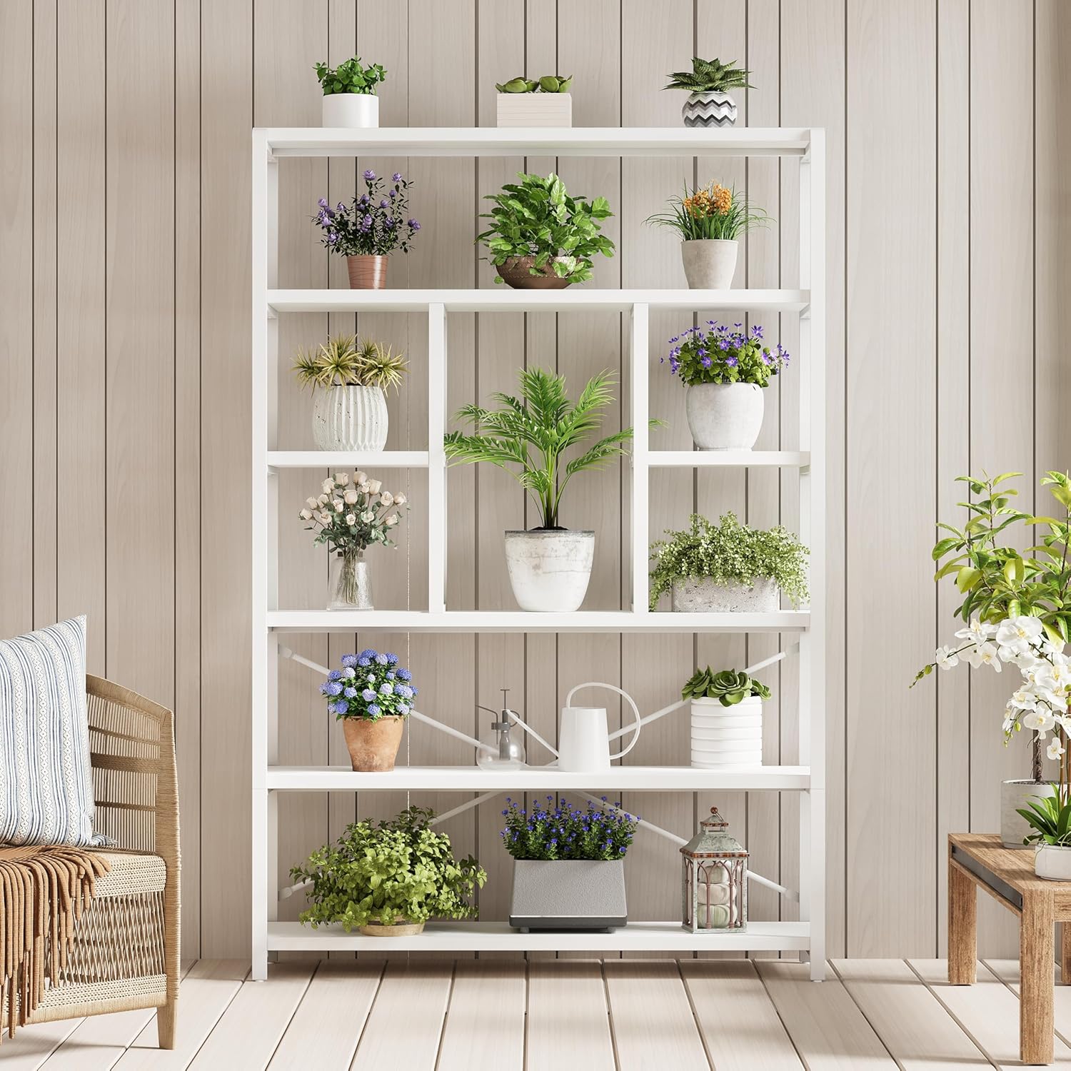 LVB Bücherregal Regal mit 6 Ebenen Wohnzimmer Standregal Holz Metall Bücherregal freistehend Dekoregal Modernes Design für Wohnzimmer Schlafzimmer Büro Weiß 30 x 120 x 180 cm