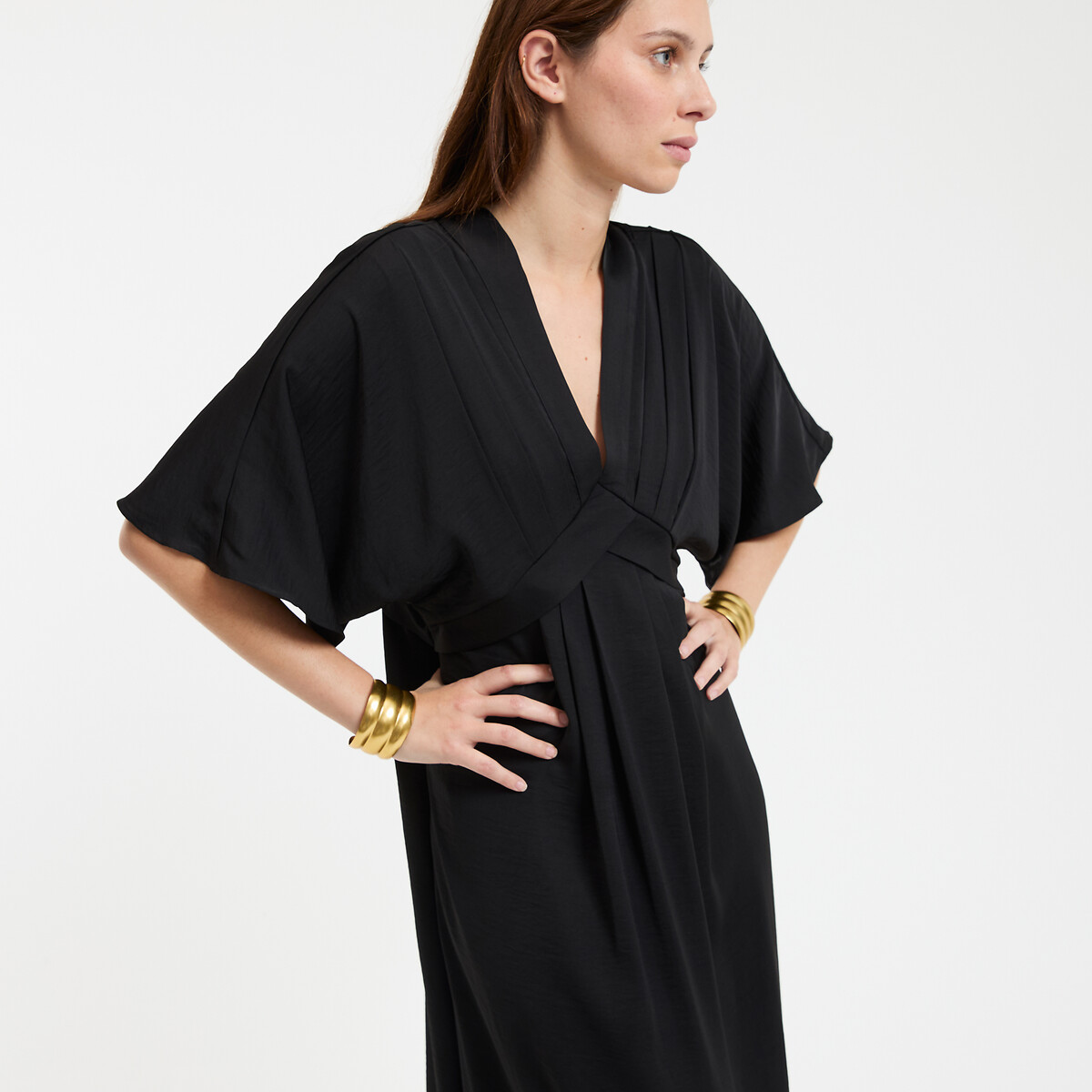 COLEÇÃO LA REDOUTE<br>Vestido longo com estampa de bandeira, decote em V e mangas até o cotovelo