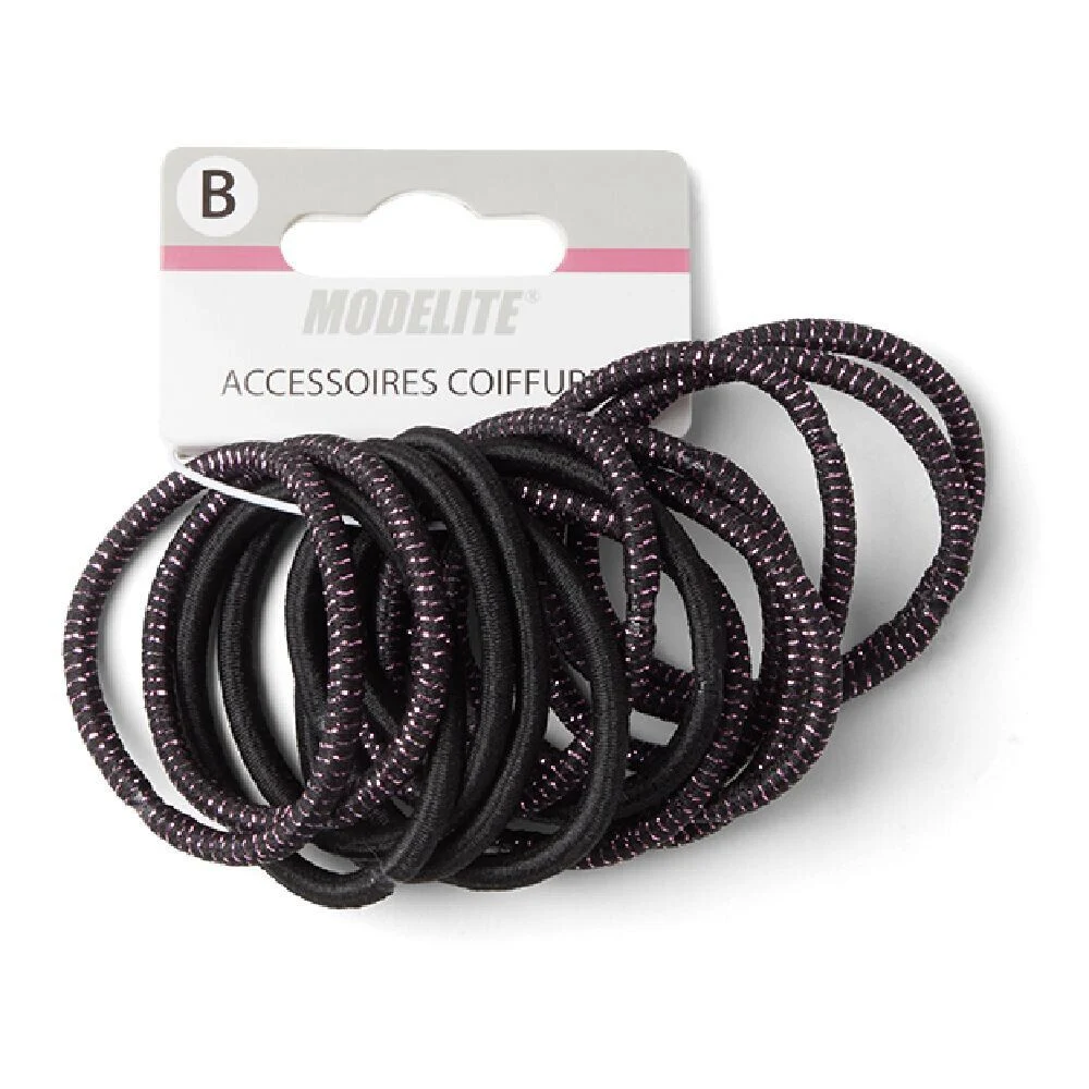 Lot de 15 élastiques à cheveux polyester noir et fil métallique rose