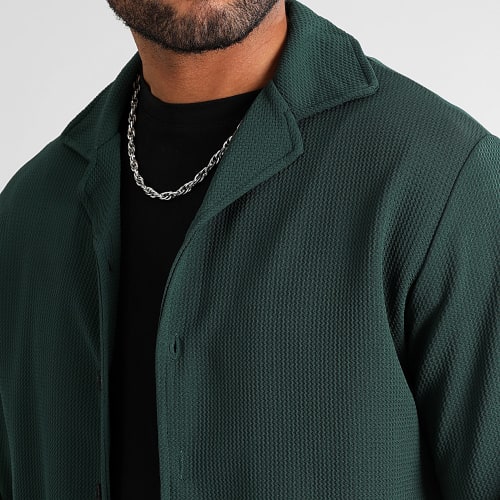 Chemise Manches Longues Texturé Waffle Oversize 0569 Vert Bouteille