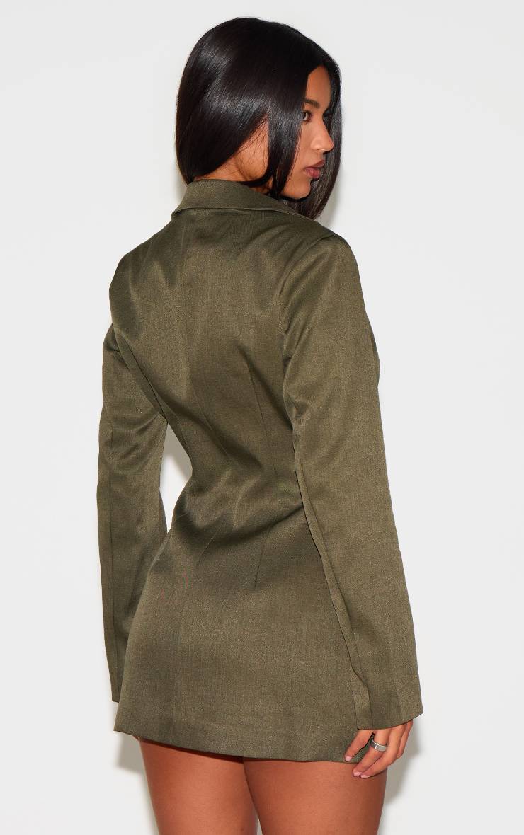 Kaki Robe Blazer Cintrée À La Taille En Tissu Tissé À Double Boutonnage