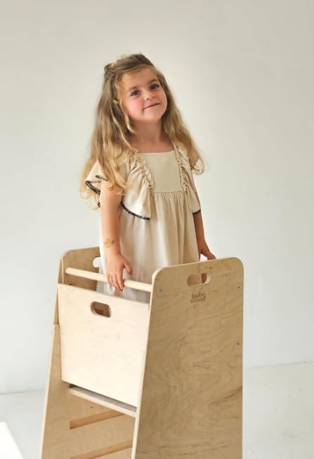 Lernturm aus Holz extra sicher | Montessori Küchenhelfer | Küchenhelfer | Verstellbare Plattform | Kitchen Helper | Sichere Küchenmöbel | Küchentreppe eingebettet (Natur)