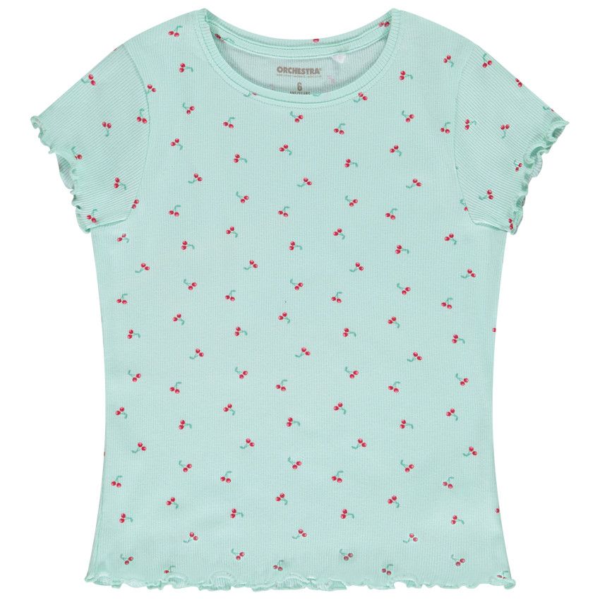 T-shirt manches courtes en rib imprimé fantaisie pour fille - Bleu