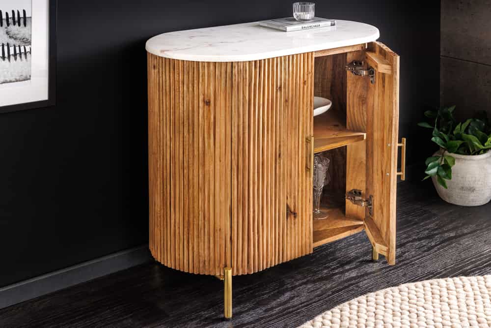 Massives Sideboard TRES CHIC 75cm natur Mangoholz weiß Marmor gold Metall