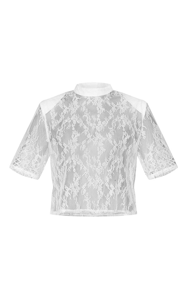 Blanc Haut À Manches Courtes En Dentelle Transparente Avec Épaulettes