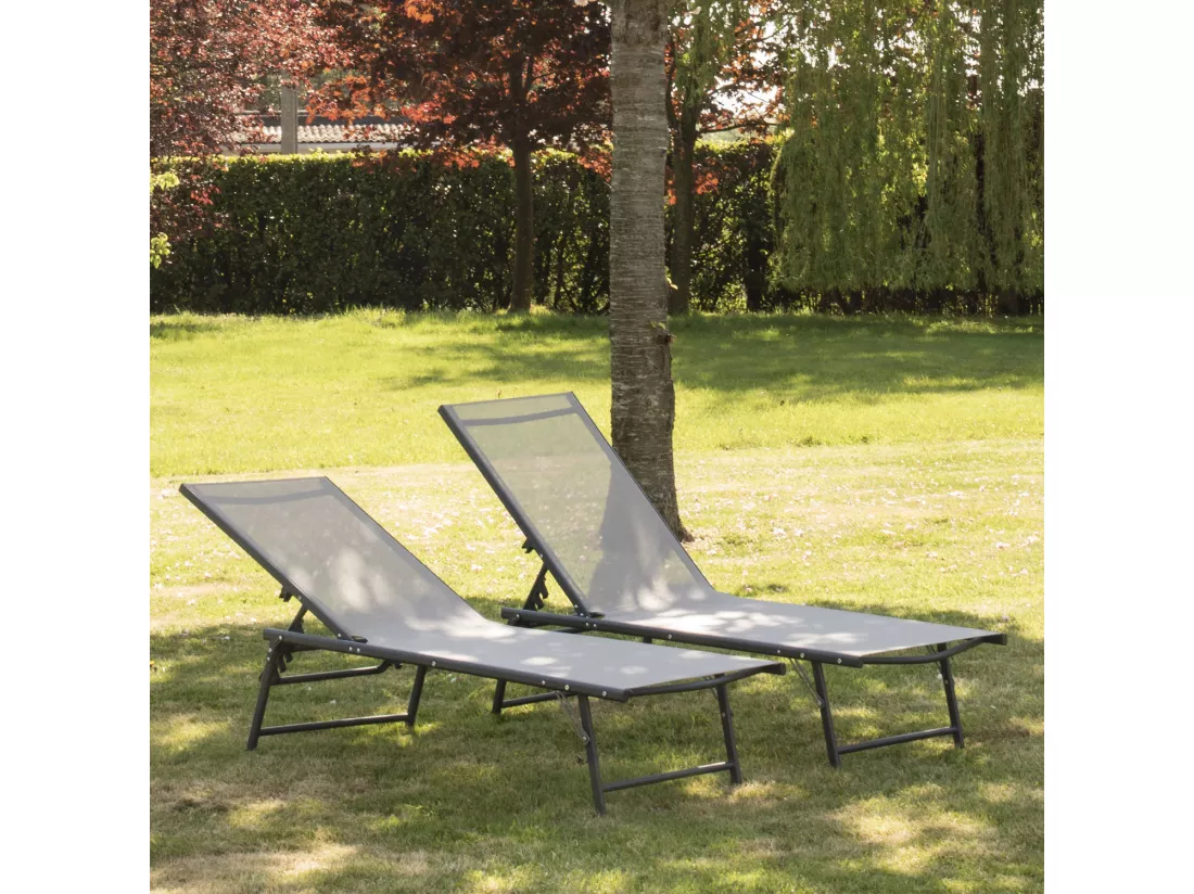 Lot de 2 bains de soleil pliants SICILIA en textilène gris - structure anthracite - HAPPY GARDEN