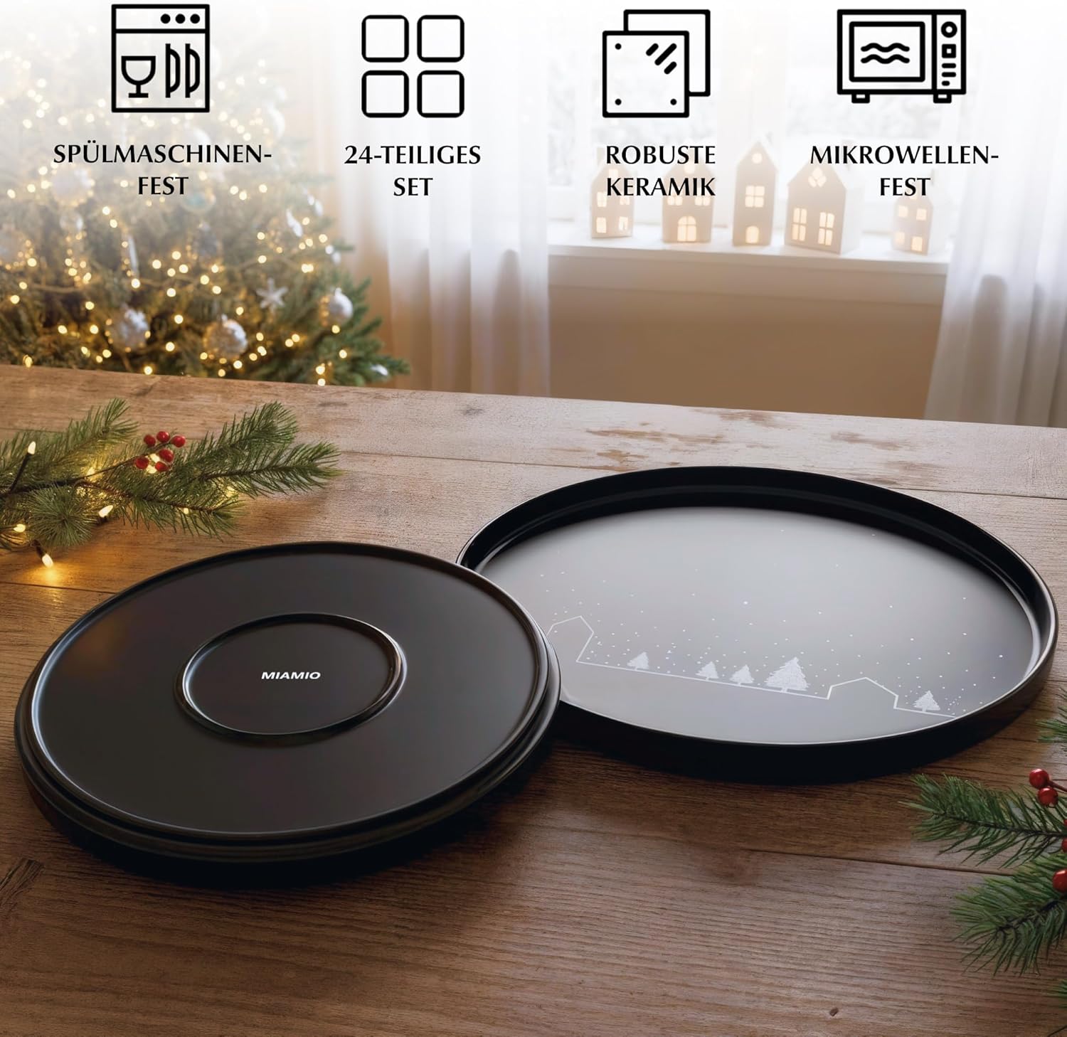 MIAMIO – Weihnachtsgeschirr 8 Personen / 24-teiliges Keramik Geschirrset schwarz matt für Weihnachten Winter – Schneelandschaft Motiv/Mikrowellen- und Spülmaschinengeeignet – Vinter Kollektion