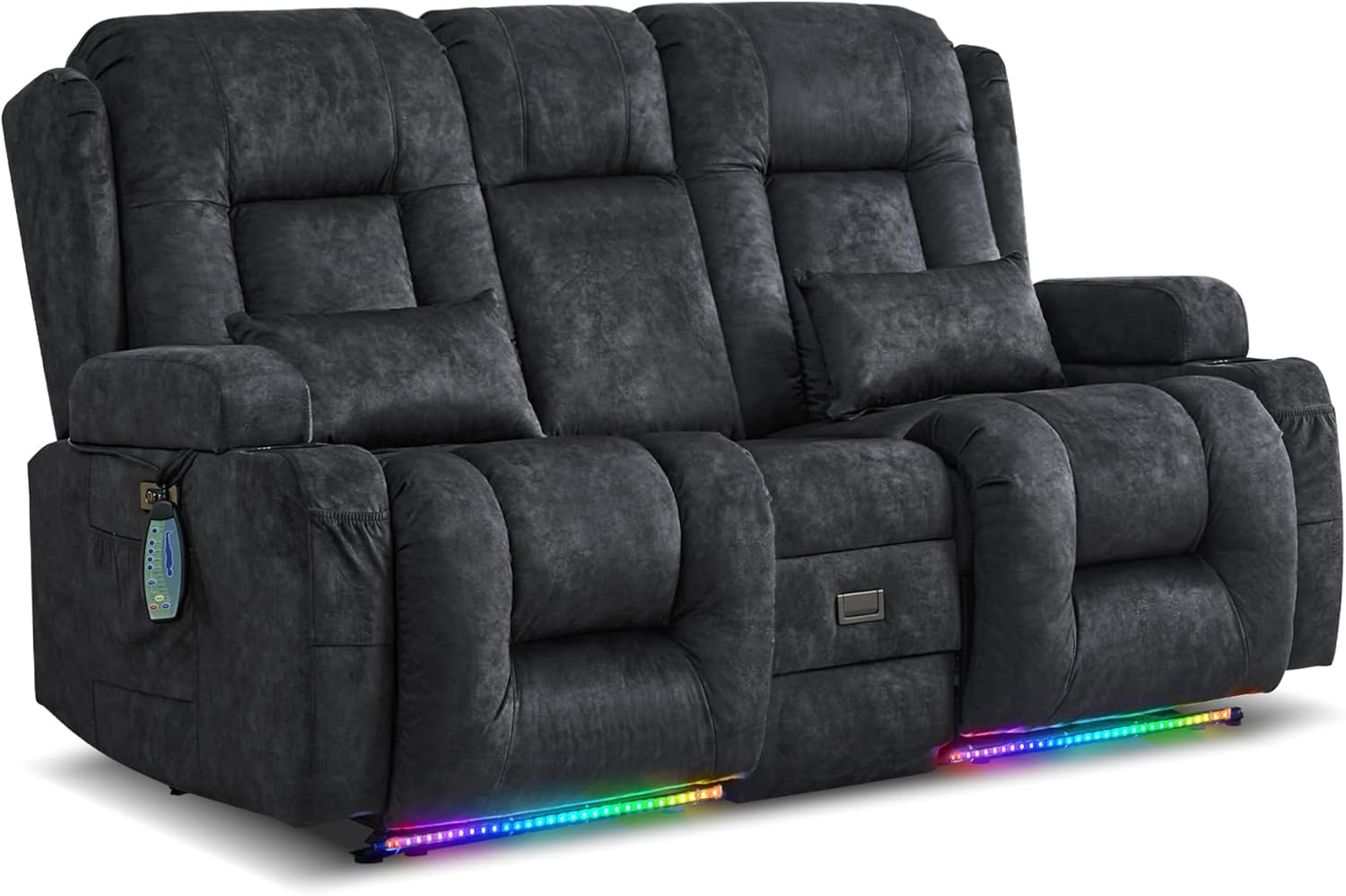 Zweisitzer Relaxsessel mit Liegefunktion, Fernsehsessel Elektrisch Verstellbar mit Heizung & Vibrierende Massage, TV Sessel Heimkino Sitze mit Multimedia Mittelkonsole, Samt, Grau