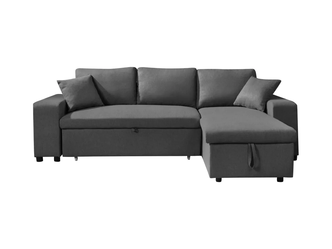 Canapé d'angle convertible et réversible en tissu avec coffre de rangement et poufs anthracite SELIM