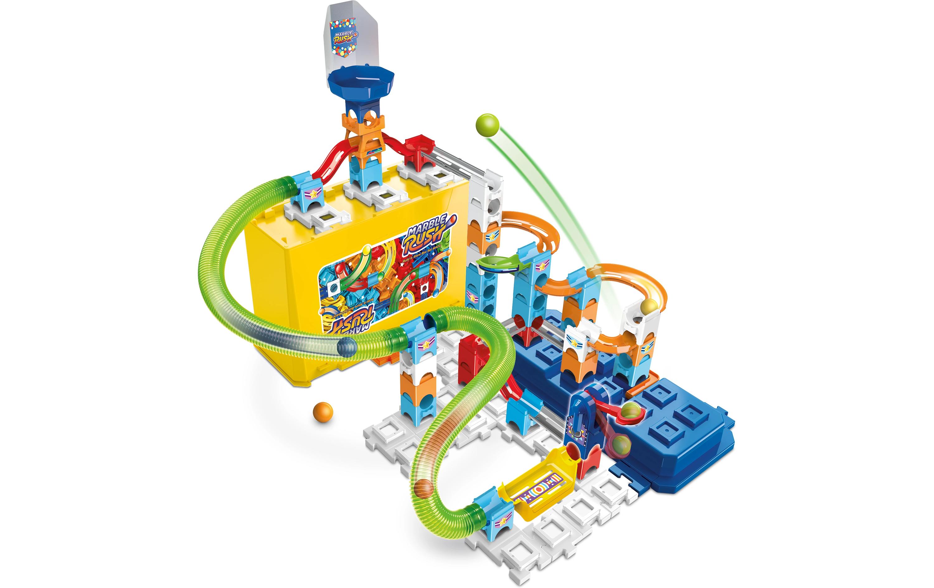 Marble Rush Build & Store Box Set M400 -DE-Interaktives Bau- und Aufbewahrungsset mit 65 Bauteilen und 5 MarBalls