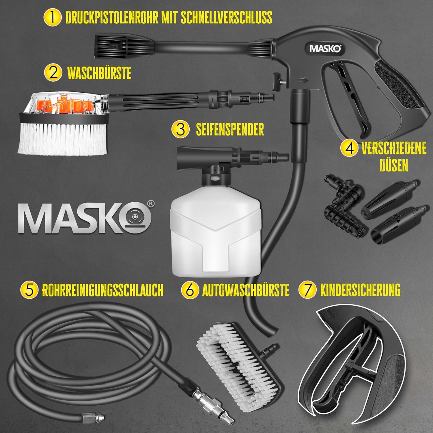 MASKO® Hochdruckreiniger 2200 Watt 165 bar 450 l/h, mit Spule Schlauchtrommel 10m Schlauch 9 TLG Zubehör Set, mit Handschuhen, Seifenflasche, Schaumdüse, Hochdruckpistole für Autos/Zäune/Garten/Patios