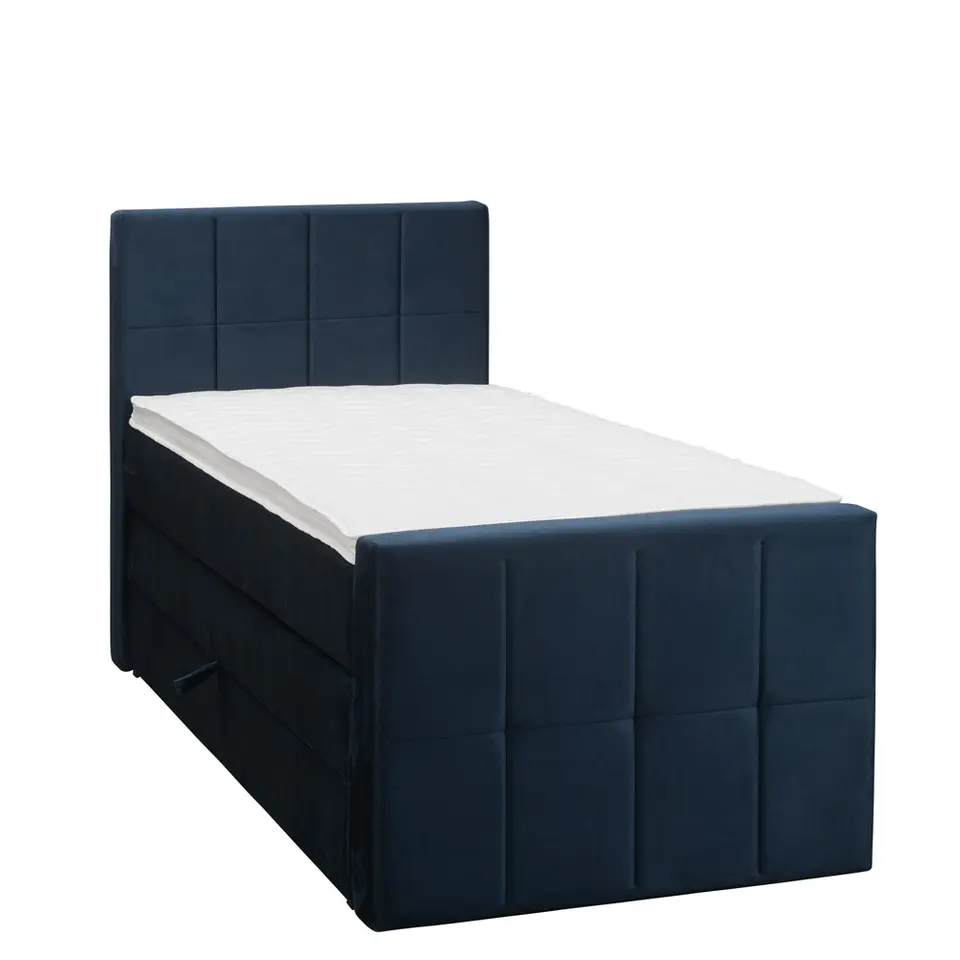 Boxspring met opbergruimte en voetbord Liv geblokt - blauw - 90x200cm