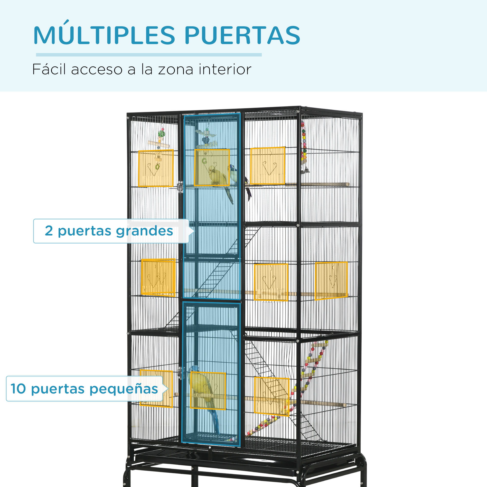 Gaiola para pássaros PawHut com rodas, 83x53x180 cm, viveiro de metal de 3 níveis com 3 poleiros, comedouros, brinquedos, rampas e prateleira de armazenamento para canários e periquitos, preta.