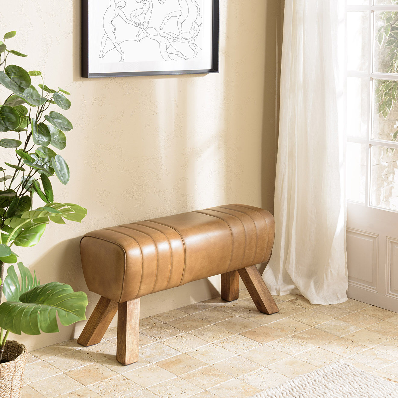 Macabane Banc matelassé en Cuir pieds inclinés en Manguier marron - 89x32x48 cm