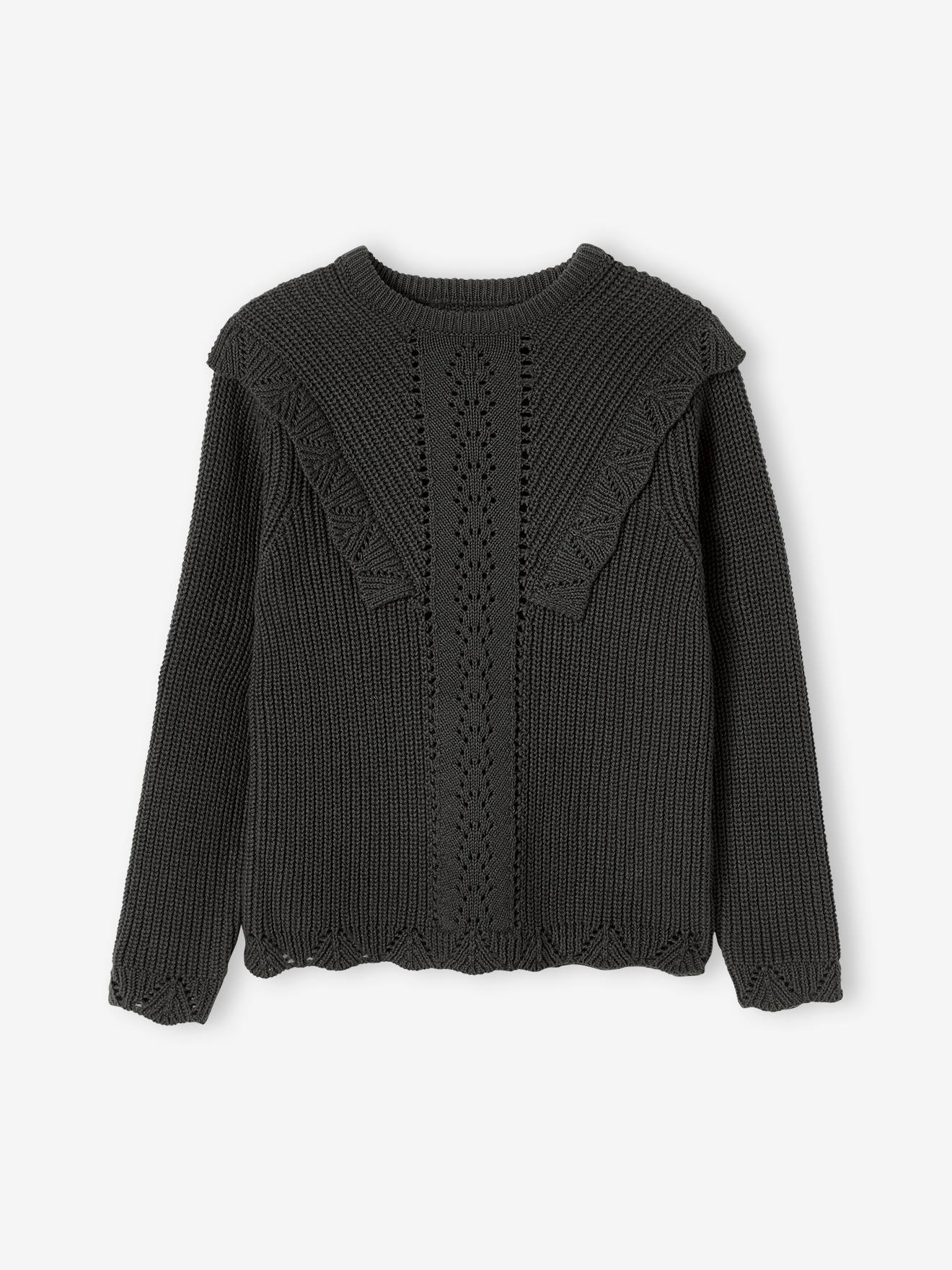 Suéter de tricô elegante com babados, liso, cinza escuro, para menina.
