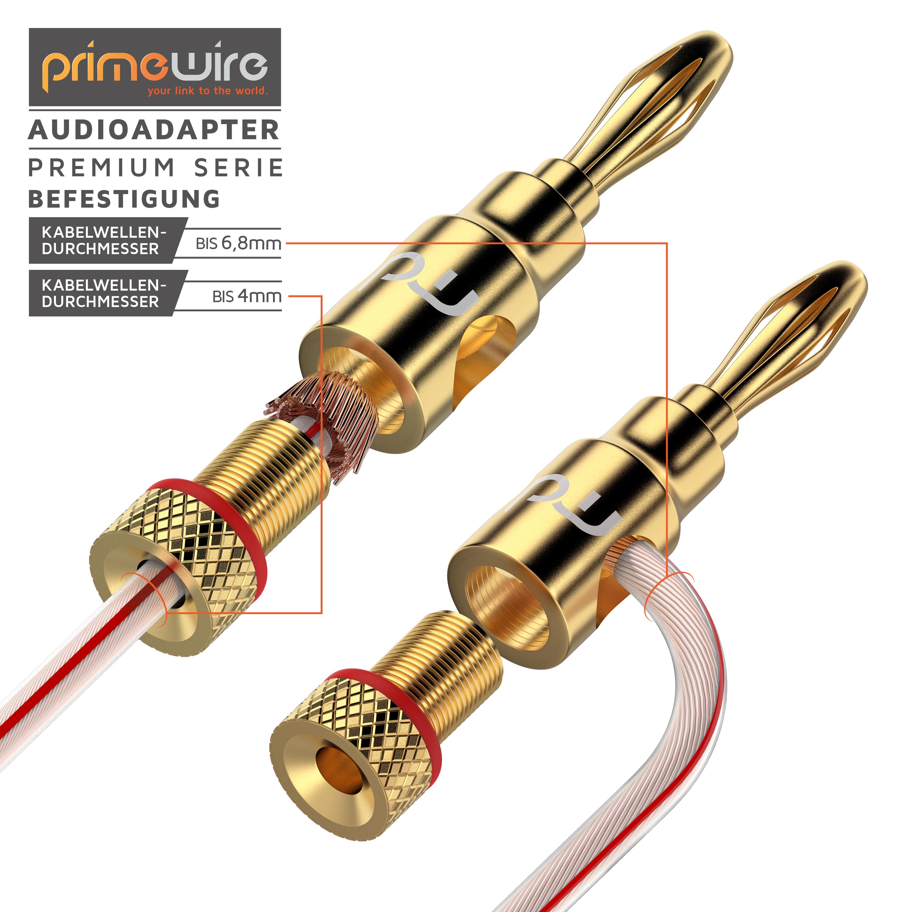 Primewire Audioadapter Bananenstecker für Kabel bis 6,8mm² - für Lautsprecherkabel, Verstärker