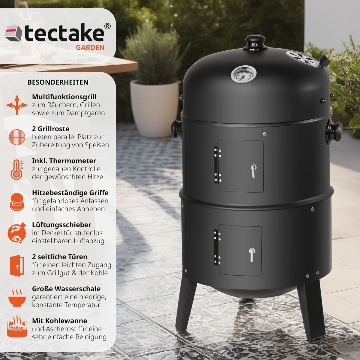 Rookoven tectake 3 in 1, voor grillen, roken, koken Ø 41 cm