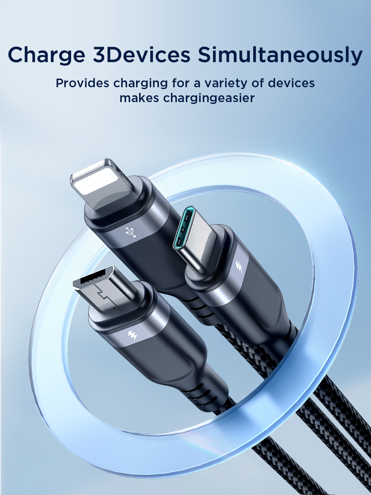 (30cm) 3in1 USB A auf USB C / Lightning / Micro USB Ladekabel Datenkabel - Schwarz