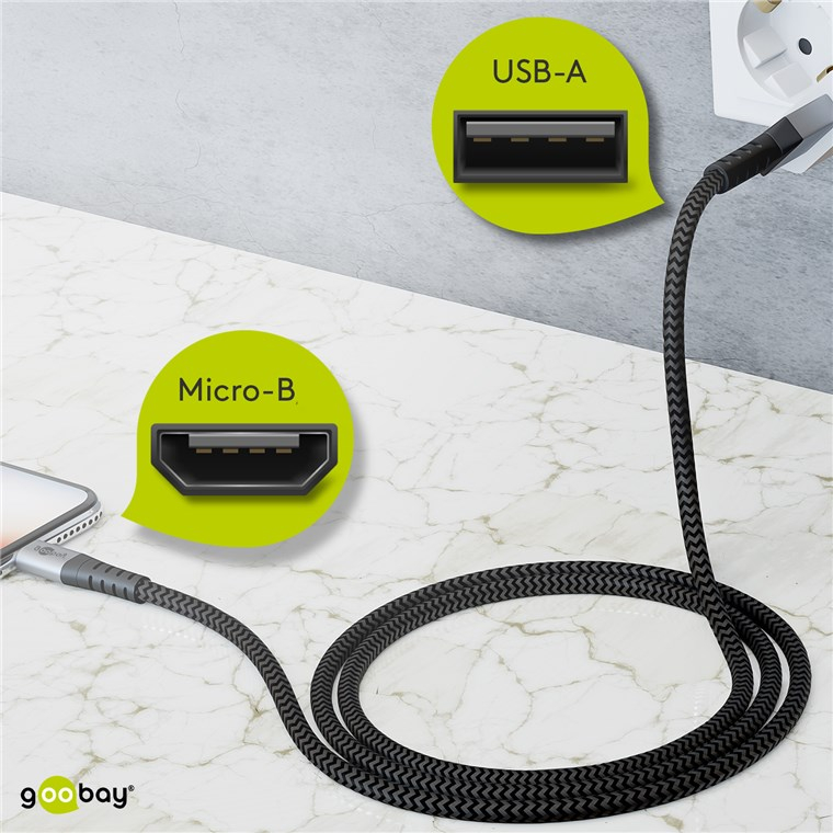 (1m) 60W USB A auf Micro USB Ladekabel Nylon Textil Datenkabel (49282) - Spacegrau / Silber