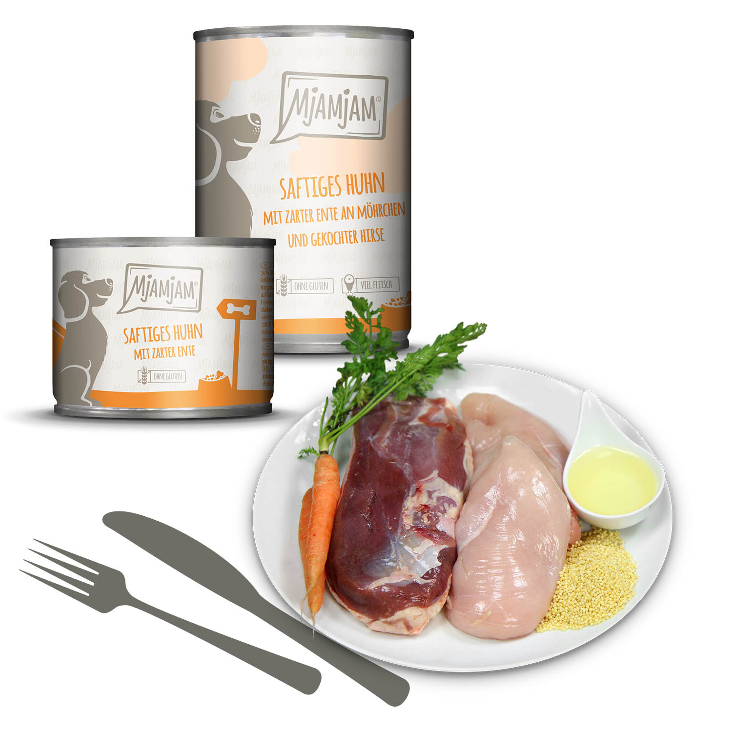 saftiges Huhn mit zarter Ente an Möhrchen und gekochter Hirse