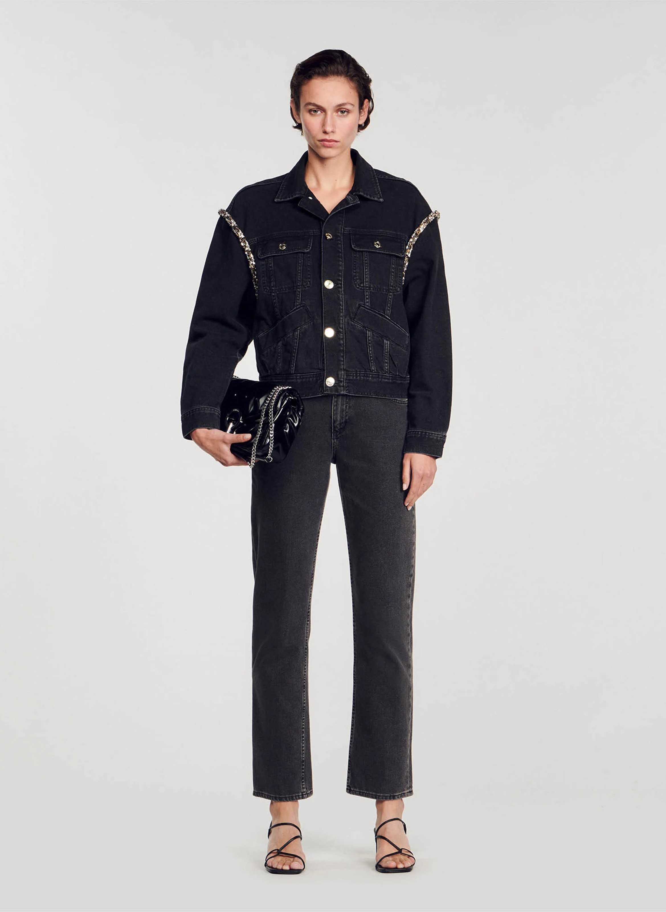 Veste en jean col classique avec strass | Noir