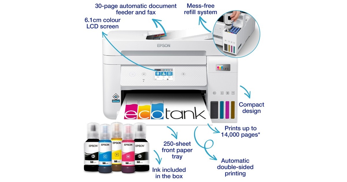 EpsonEcoTank ET-4856 A4 multifunctionele Wi-Fi-printer met inkttank all-in-one inkjetprinter met faxfunctie  (Wit, Scannen, Kopiëren, Faxen, LAN, Wi-Fi, inclusief tot 3 jaar inkt)