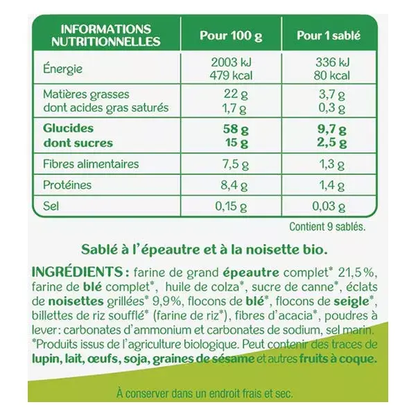Biscoitos amanteigados orgânicos de espelta e avelã Karéléa 150g