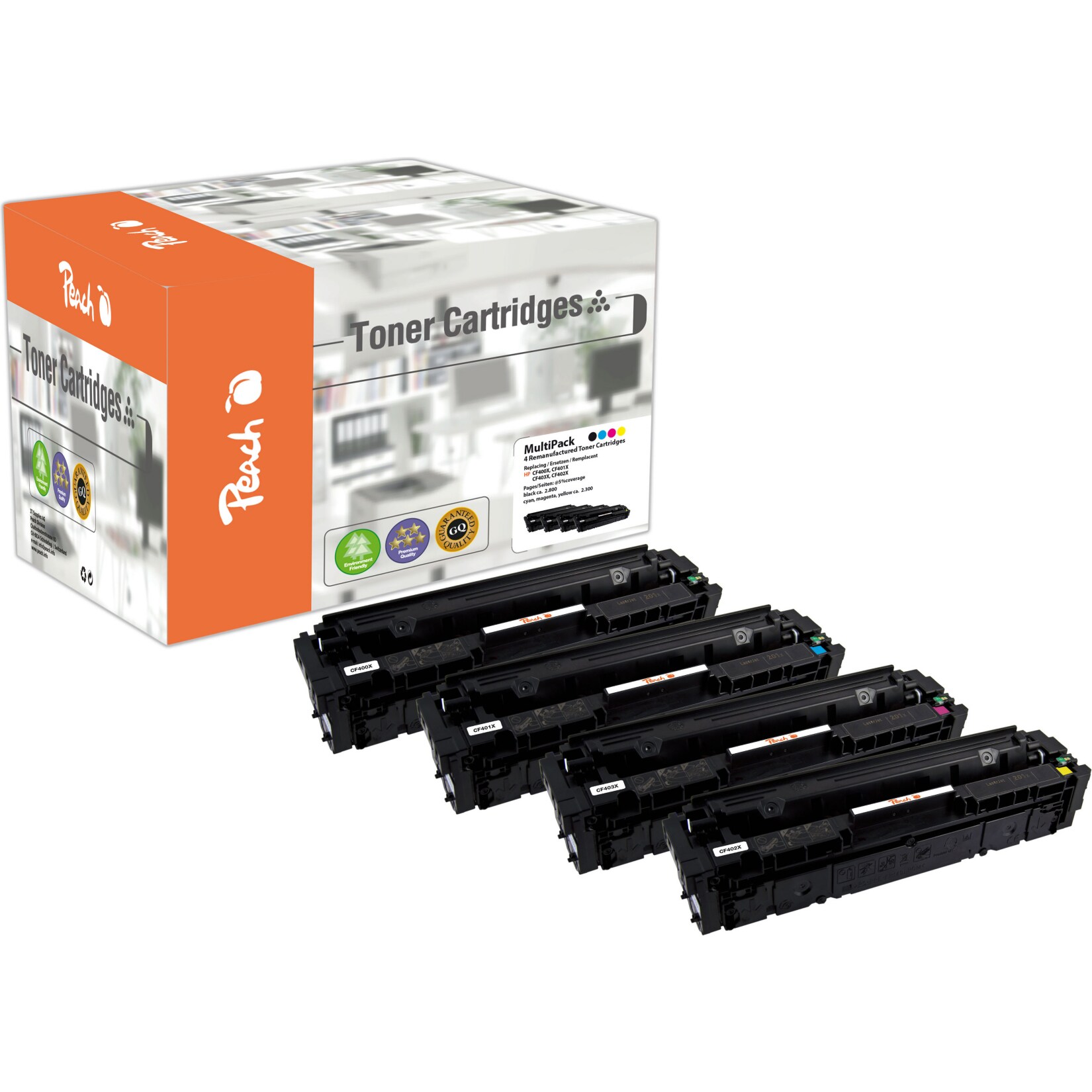 Peach HP 410 X 4 Toner XL (bk, c/m/y) ersetzt HP No. 410X, CF410X, CF411X, CF412X, CF413X für z.B. HP Color LaserJet Pro M 452 nw (wiederaufbereitet)
