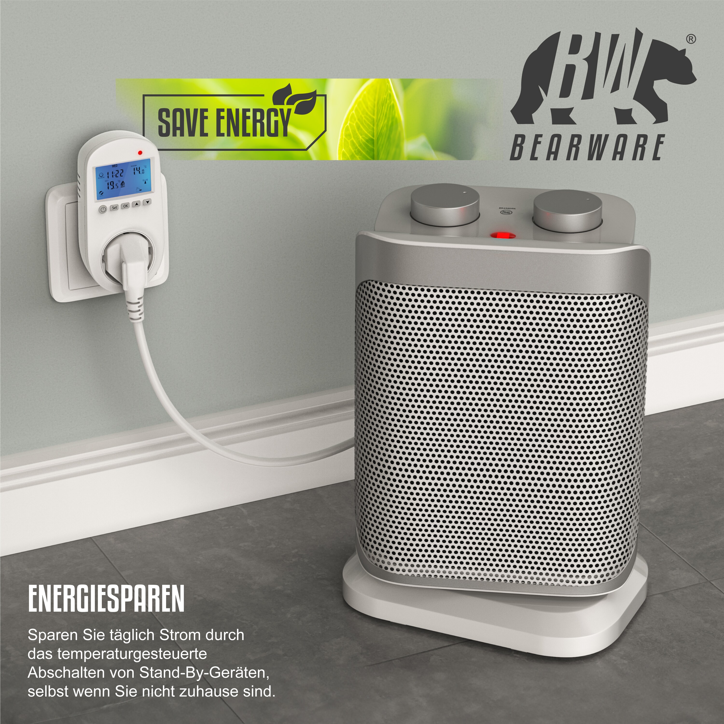 BEARWARE 3x Steckdosen Thermostat für Heiz & Klimageräte Individuell programmierbar / LCD-Display