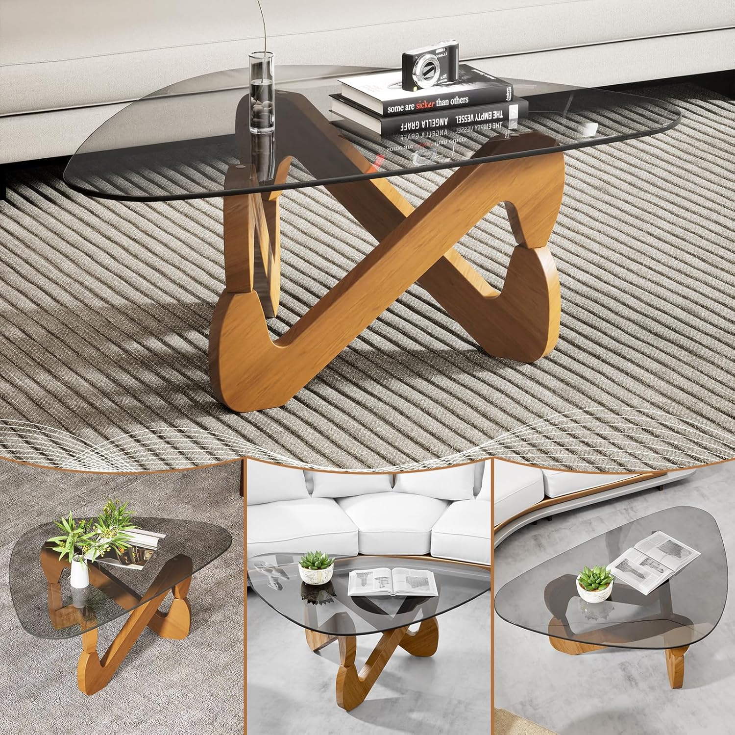 TWSOUL Dreieckiger Couchtisch aus Glas, Modern Wohnzimmertisch, Durchsichtig Couchtisch mit Holz Base, Ausgefallene Kaffeetisch für Wohnzimmer (Grauschwarz)