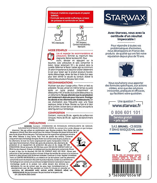 Déboucheur spécial WC avec javel Starwax 1L
