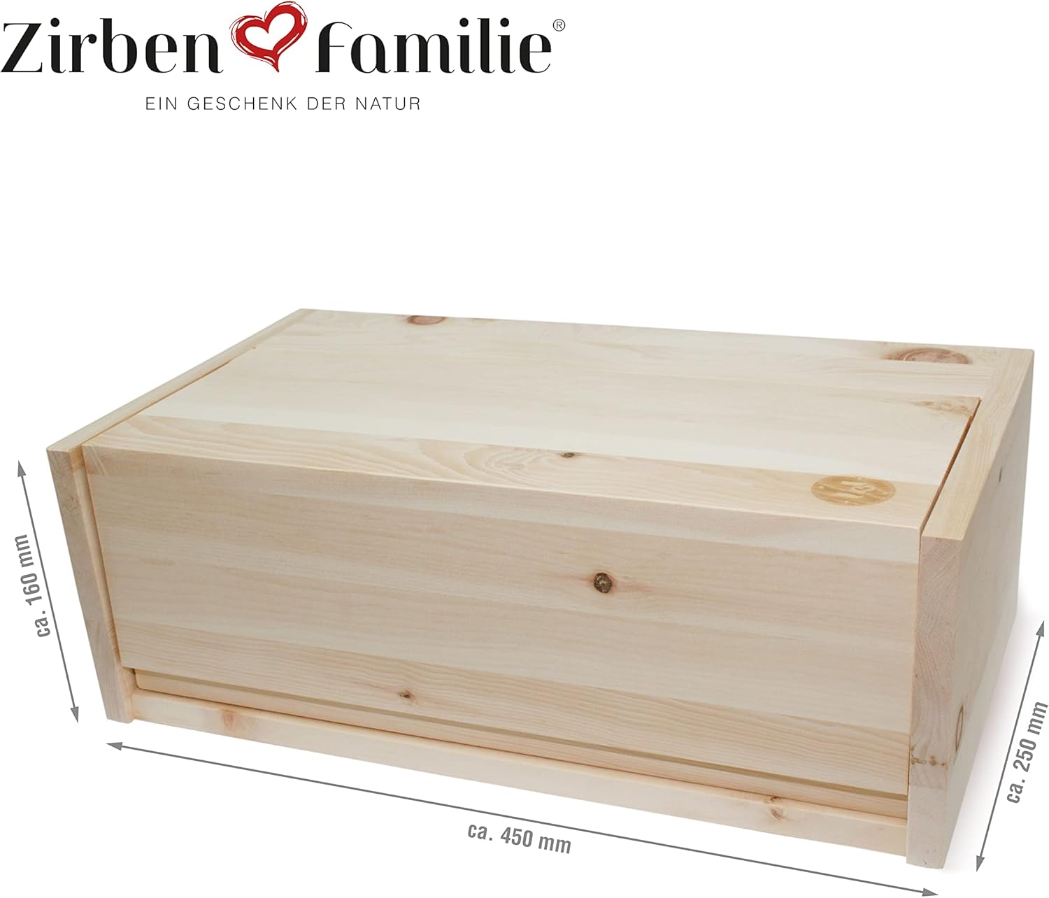 ZirbenFamilie Zirben-Brotkasten • Hygienische Aufbewahrungsbox 45x16x25cm aus duftendem ZirbenHolz • ein Produkt der ZirbenFamilie - bekannt aus dem Fachhandel & der Hotellerie