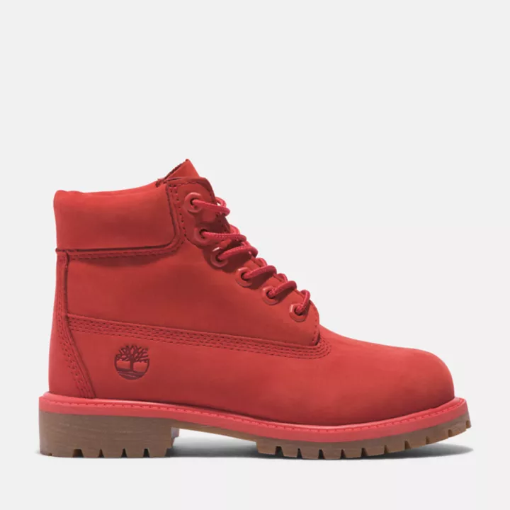 Bota Timberland Premium de 6 polegadas impermeável, edição 50, para crianças, na cor vermelha.