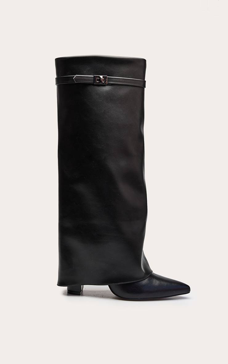 Noir Botte Haute À Talon Bloc En Synthétique Mat À Bout Pointu Avec Revers