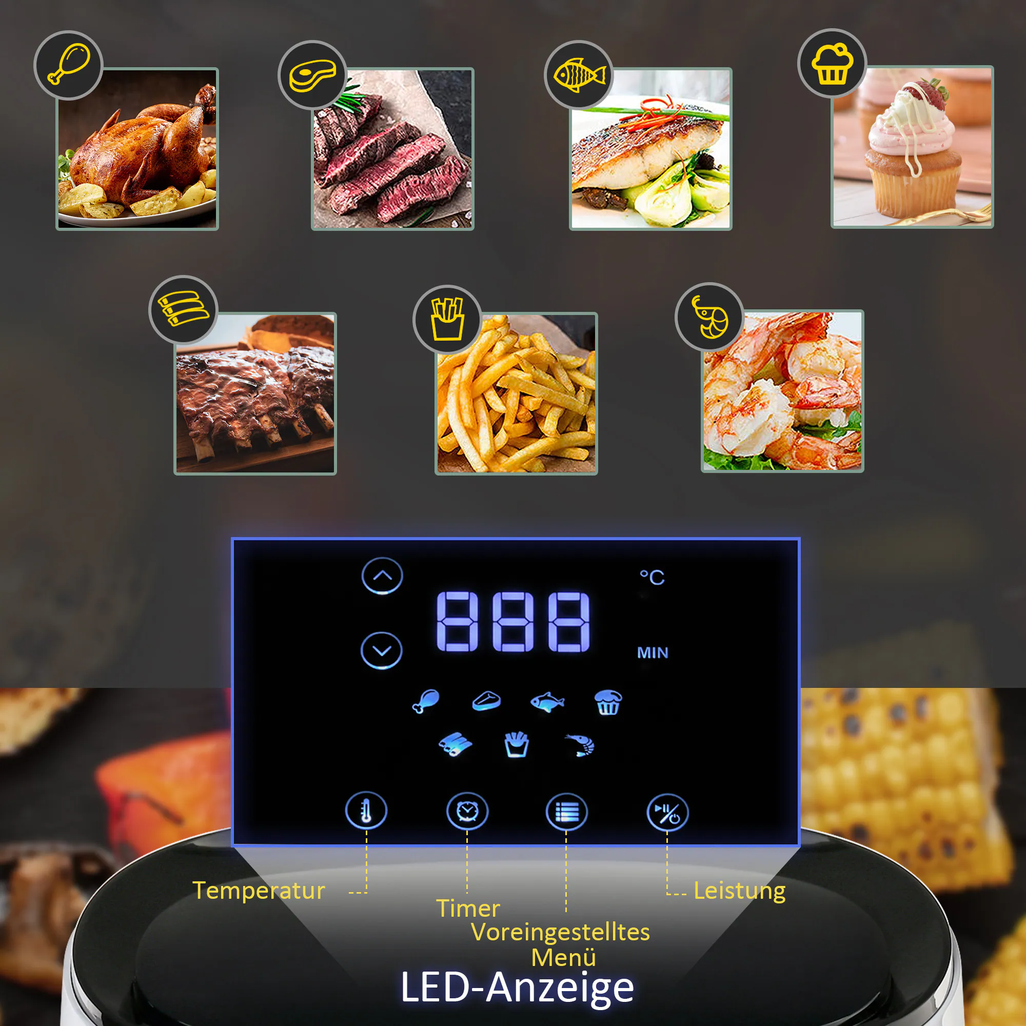 HOMCOM Luftfritteuse mit LED-Anzeige weiß 33,9L x 24,9B x 29,9H cm