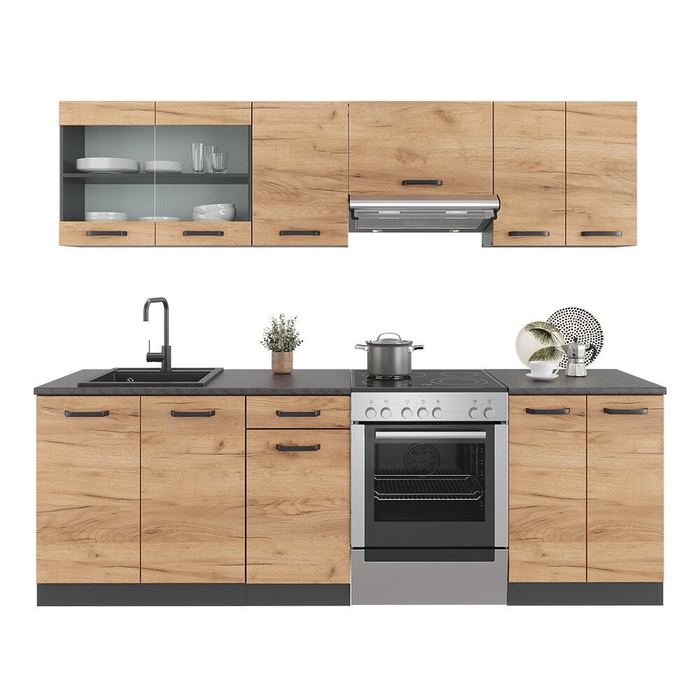 Vicco Küchenzeile Küchenblock Einbauküche Raul Anthrazit Eiche 240 cm modern Küchen Schränke Spülenunterschrank Unterschrank Hängeschrank Arbeitsplatte Küchenmöbel