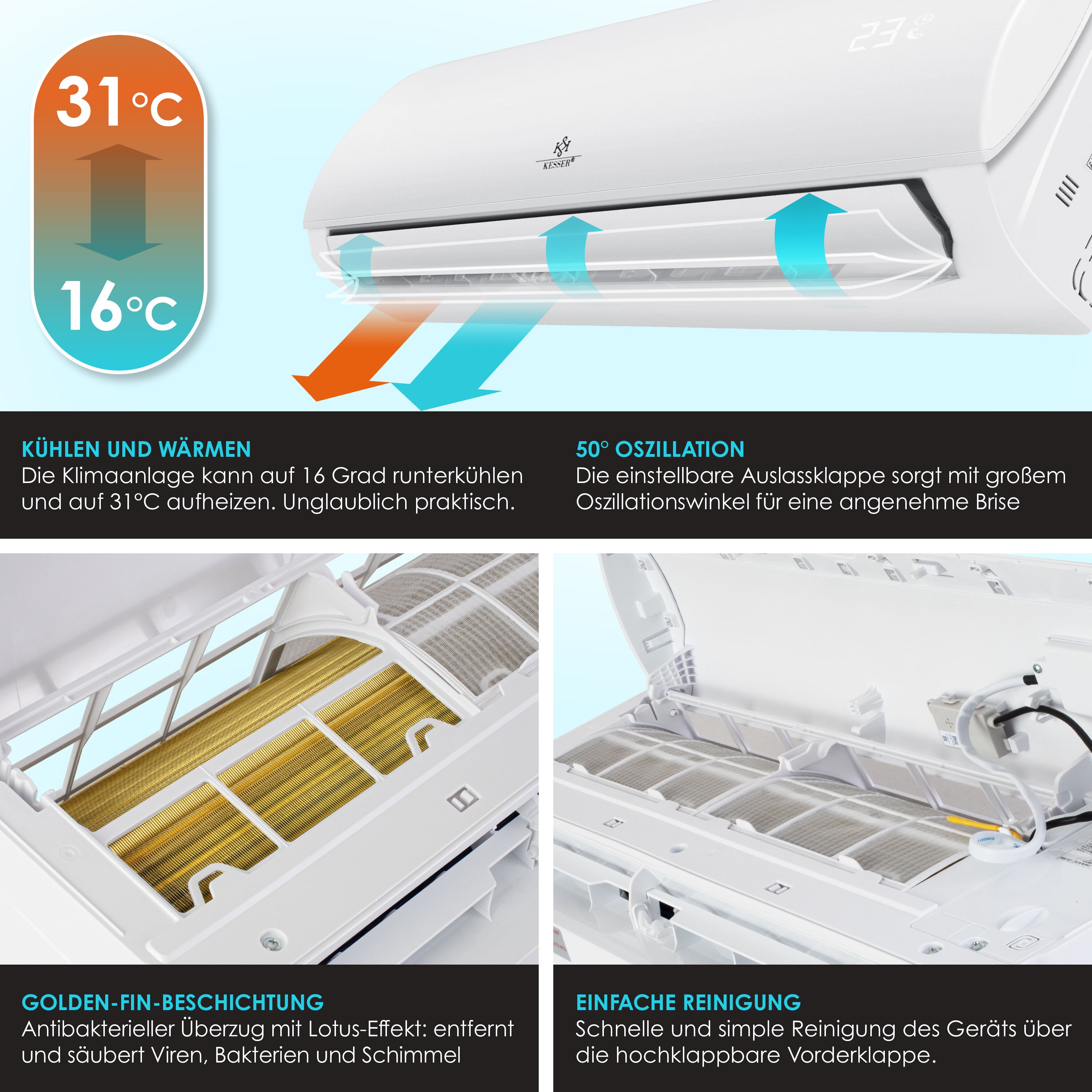 KESSER® Klimaanlage SET Split - Klimagerät mit WiFi/App Funktion - Kühlen A++/ Heizen A+ , Kältemittel R32 - LCD-Display , Fernbedienung und Timerfunktion - Inkl. komplettem Montagematerial, Split 90